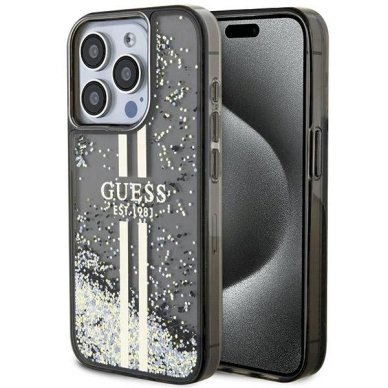 Originalus Guess dėklas Liquid Glitter Auksinis StripesiPhone 15 Pro Max - Juodas