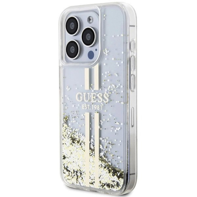 Originalus Guess dėklas Liquid Glitter Auksinis StripesiPhone 15 Pro Max - transparent 1