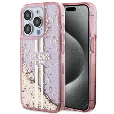 Originalus Guess dėklas Liquid Glitter Auksinis StripesiPhone 15 Pro - Rožinis