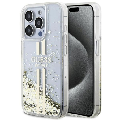 Originalus Guess dėklas Liquid Glitter Auksinis StripesiPhone 15 Pro - transparent