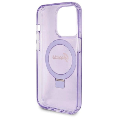 Originalus Guess dėklas Ring Stand Script Glitter MagSafe case for iPhone 13 Pro / 13 - Violetinis 6