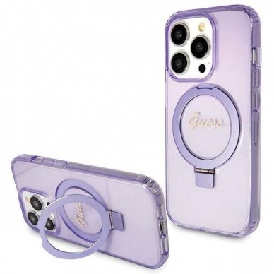 Originalus Guess dėklas Ring Stand Script Glitter MagSafe case for iPhone 13 Pro / 13 - Violetinis