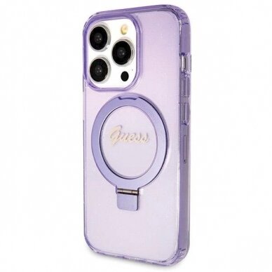 Originalus Guess dėklas Ring Stand Script Glitter MagSafe case for iPhone 13 Pro Max - Violetinis 1