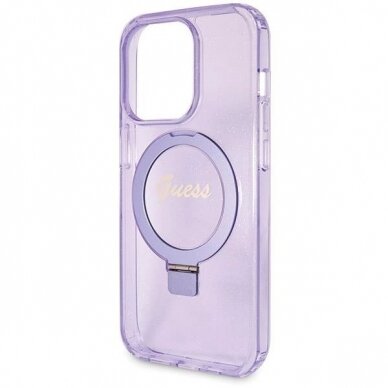 Originalus Guess dėklas Ring Stand Script Glitter MagSafe case for iPhone 13 Pro Max - Violetinis 5