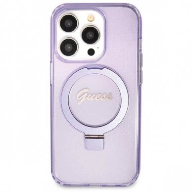 Originalus Guess dėklas Ring Stand Script Glitter MagSafe case for iPhone 14 Pro - Violetinis 2