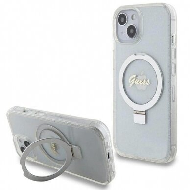 Originalus Guess dėklas Ring Stand Script Glitter MagSafe case for iPhone 15 / 14 / 13 - Permatomas