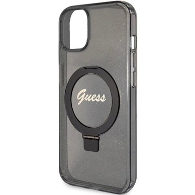 Originalus Guess dėklas Ring Stand Script Glitter MagSafe case for iPhone 15 - Juodas 5