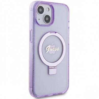 Originalus Guess dėklas Ring Stand Script Glitter MagSafe case for iPhone 15 Plus / 14 Plus - Violetinis 3