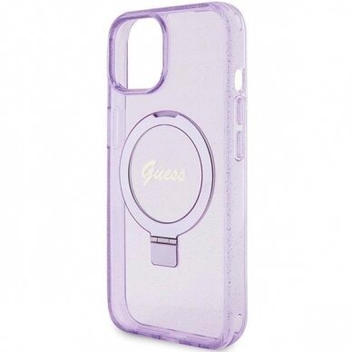 Originalus Guess dėklas Ring Stand Script Glitter MagSafe case for iPhone 15 Plus / 14 Plus - Violetinis 5