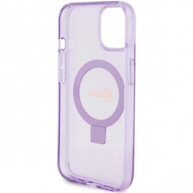 Originalus Guess dėklas Ring Stand Script Glitter MagSafe case for iPhone 15 Plus / 14 Plus - Violetinis 6