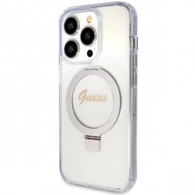 Originalus Guess dėklas Ring Stand Script Glitter MagSafe case for iPhone 15 Pro Max - Permatomas 1