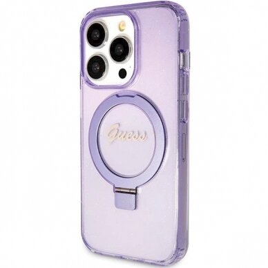 Originalus Guess dėklas Ring Stand Script Glitter MagSafe case for iPhone 15 Pro Max - Violetinis 1