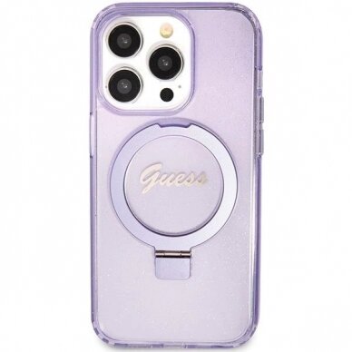 Originalus Guess dėklas Ring Stand Script Glitter MagSafe case for iPhone 15 Pro Max - Violetinis 2