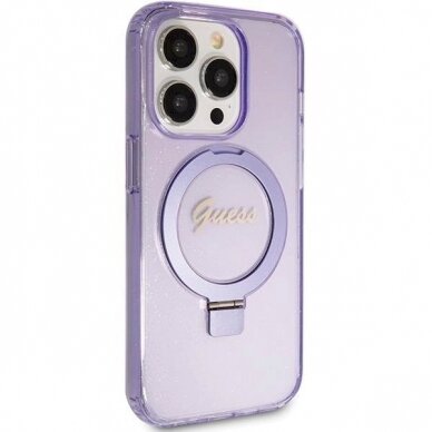 Originalus Guess dėklas Ring Stand Script Glitter MagSafe case for iPhone 15 Pro Max - Violetinis 3