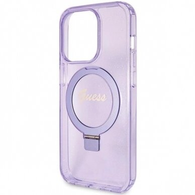 Originalus Guess dėklas Ring Stand Script Glitter MagSafe case for iPhone 15 Pro Max - Violetinis 5