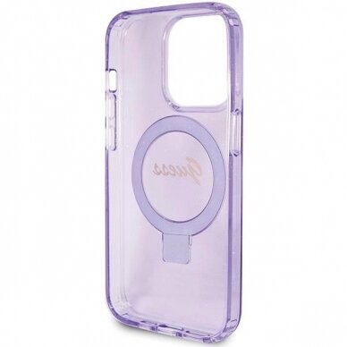 Originalus Guess dėklas Ring Stand Script Glitter MagSafe case for iPhone 15 Pro Max - Violetinis 6