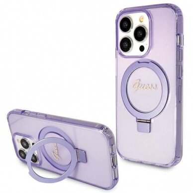 Originalus Guess dėklas Ring Stand Script Glitter MagSafe case for iPhone 15 Pro Max - Violetinis