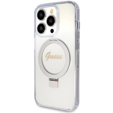 Originalus Guess dėklas Ring Stand Script Glitter MagSafe case for iPhone 15 Pro - Permatomas 1