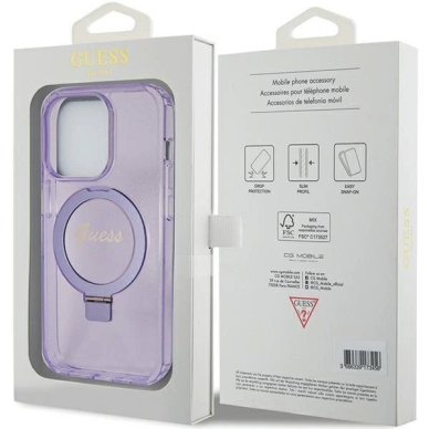 Originalus Guess dėklas Ring Stand Script Glitter MagSafe case for iPhone 15 Pro - Violetinis 6