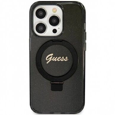 Originalus Guess dėklas Ring Stand Script Glitter MagSafeiPhone 11 / Xr - Juodas