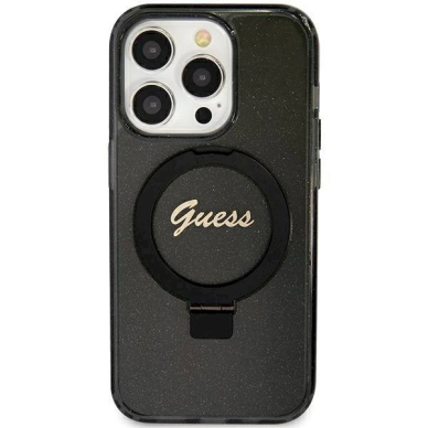 Originalus Guess dėklas Ring Stand Script Glitter MagSafeiPhone 12/12 Pro - Juodas