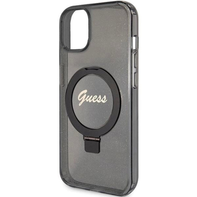 Originalus Guess dėklas Ring Stand Script Glitter MagSafeiPhone 13 / 14 / 15 - Juodas 5