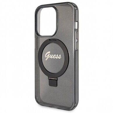 Originalus Guess dėklas Ring Stand Script Glitter MagSafeiPhone 13 Pro / 13 - Juodas 5