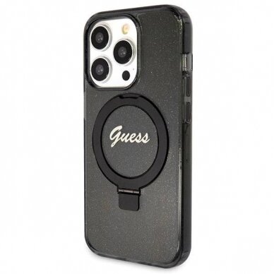 Originalus Guess dėklas Ring Stand Script Glitter MagSafeiPhone 13 Pro Max - Juodas 1