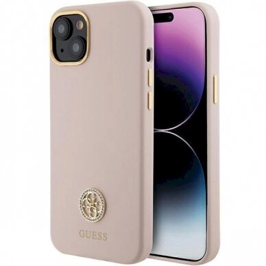 Originalus Guess dėklas Silicone Logo Strass 4G case for iPhone 15 - light Rožinis 7