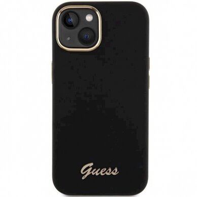 Originalus Guess dėklas Silicone Script Metal Logo &amp; Frame case for iPhone 15 - Juodas 2