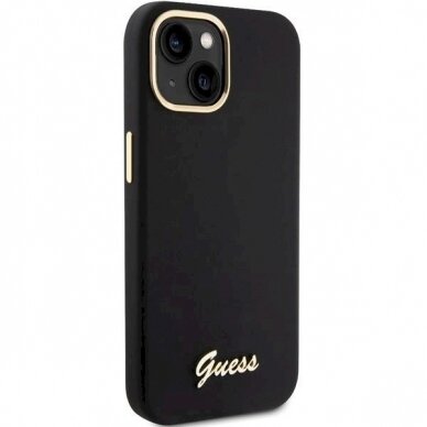 Originalus Guess dėklas Silicone Script Metal Logo &amp; Frame case for iPhone 15 - Juodas 3