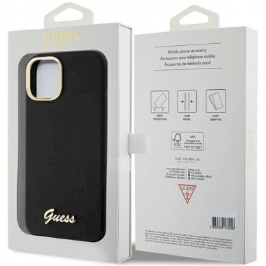 Originalus Guess dėklas Silicone Script Metal Logo &amp; Frame case for iPhone 15 - Juodas 7