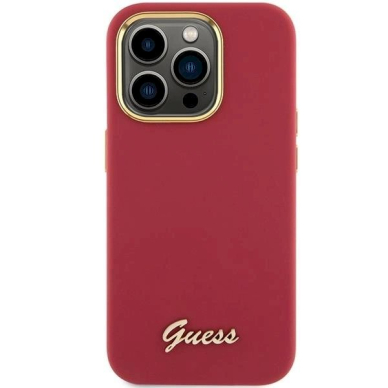 Originalus Guess dėklas Silicone Script Metal Logo &amp; Frame case for iPhone 15 Pro Max - Raudonas 2