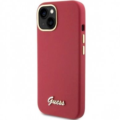 Originalus Guess dėklas Silicone Script Metal Logo &amp; Frame case for iPhone 15 - Raudonas 1