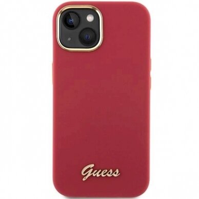 Originalus Guess dėklas Silicone Script Metal Logo &amp; Frame case for iPhone 15 - Raudonas 2