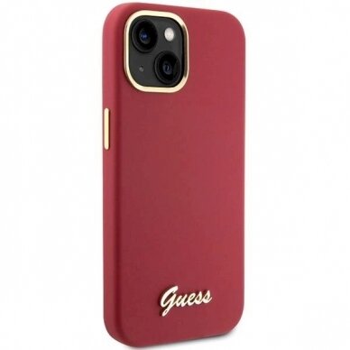 Originalus Guess dėklas Silicone Script Metal Logo &amp; Frame case for iPhone 15 - Raudonas 3