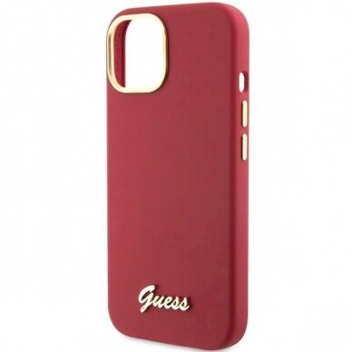 Originalus Guess dėklas Silicone Script Metal Logo &amp; Frame case for iPhone 15 - Raudonas 5