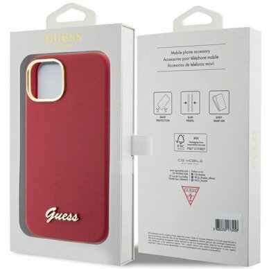 Originalus Guess dėklas Silicone Script Metal Logo &amp; Frame case for iPhone 15 - Raudonas 7