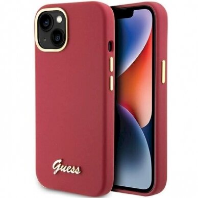 Originalus Guess dėklas Silicone Script Metal Logo &amp; Frame case for iPhone 15 - Raudonas