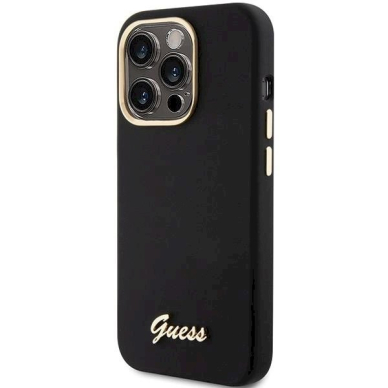 Originalus Guess dėklas Silicone Script Metal Logo & FrameiPhone 15 Pro - Juodas 1