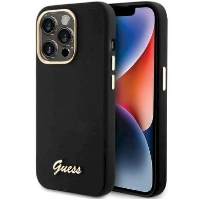 Originalus Guess dėklas Silicone Script Metal Logo & FrameiPhone 15 Pro - Juodas