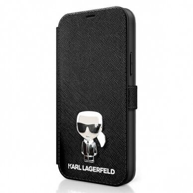 Originalus Karl Lagerfeld Atverčiamas Dėklas Klflbkp12Sikmsbk Iphone 12 Mini 5,4" Juodas Book Saffiano Ikonik Metal 1