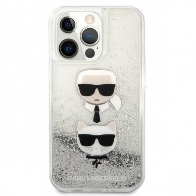 Originalus Karl Lagerfeld dėklas KLHCP13LKICGLS iPhone 13 Pro / 13 6.1 Sidabrinis Liquid Glitter Karl &amp; Choupette Head 2