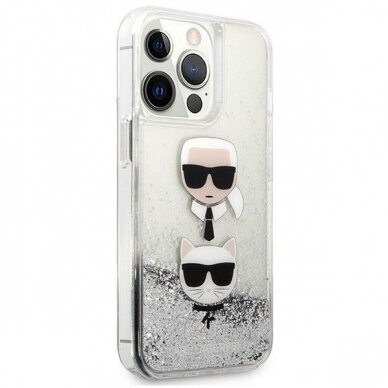 Originalus Karl Lagerfeld dėklas KLHCP13LKICGLS iPhone 13 Pro / 13 6.1 Sidabrinis Liquid Glitter Karl &amp; Choupette Head 3