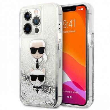 Originalus Karl Lagerfeld dėklas KLHCP13LKICGLS iPhone 13 Pro / 13 6.1 Sidabrinis Liquid Glitter Karl &amp; Choupette Head