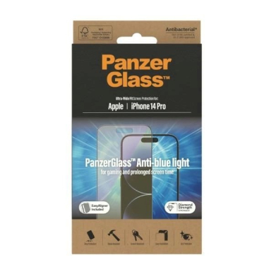 PanzerGlass Ultra-Wide Fit Antibacterial apsauginis stiklas Blue Light Filter Positioner iPhone 14 Pro 7