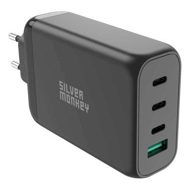 Silver Monkey GaN 130W wall Įkroviklis  3x USB-C PD 1x USB-A 3.0 QC - Juodas 1