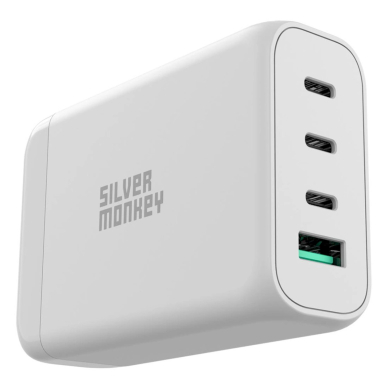 Silver Monkey SMA152 130W GaN Įkroviklis  3xUSB-C PD USB-A QC 3.0detachable power Kabelis - baltas 1