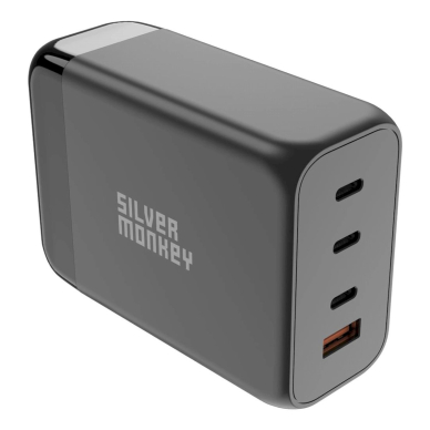 Silver Monkey SMA155 200W GaN Įkroviklis  3xUSB-C PD USB-A QC 3.0detachable power Kabelis - Juodas