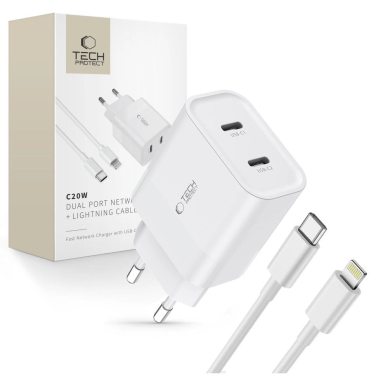 Tech-Protect C20W 2x USB-C PD 20W network Įkroviklis Lightning / USB-C Kabelis - baltas